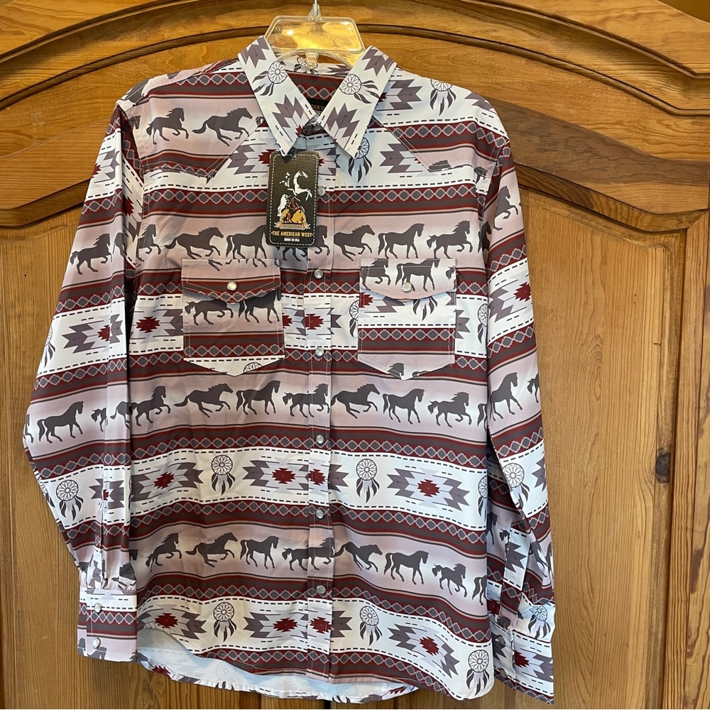 Vtg The American West Pearl Snap Western Shirt Mens MED Horses Dreamcatcher NWT